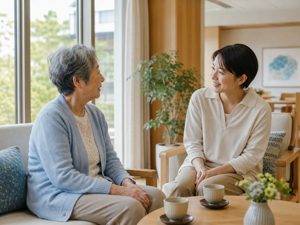明るいリビングで会話する高齢者と介護スタッフのイメージ