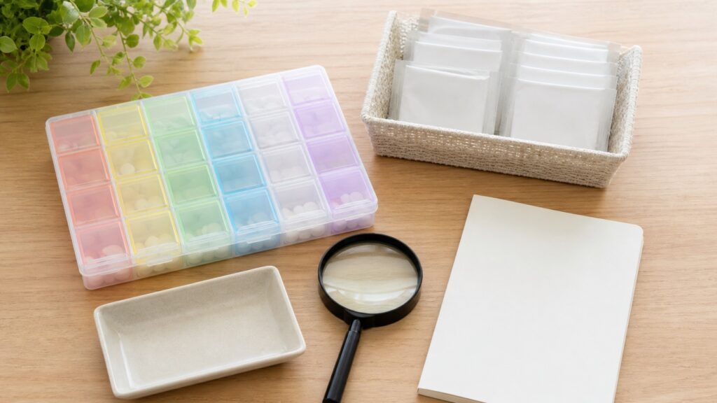 薬ケース、無地の薬袋、お薬手帳を机上で整理した施設入居前の服薬準備テーマ画像