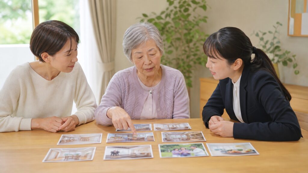 高齢女性が家族と支援者と一緒に施設生活の写真を見て希望を選ぶテーマ画像