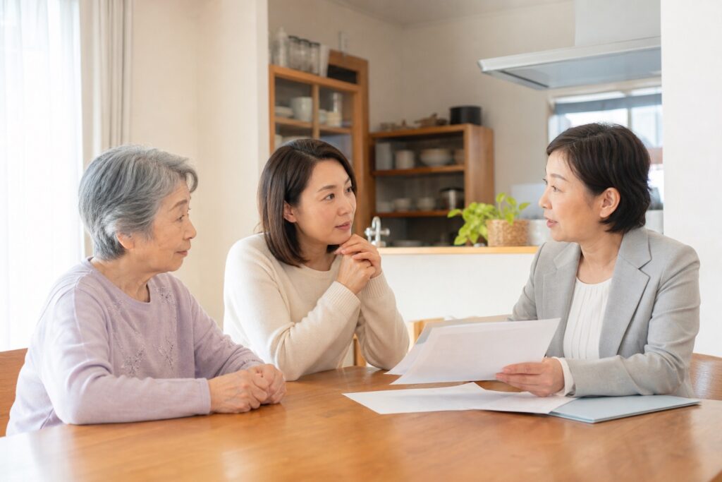 高齢女性と娘が相談員と家庭的な共同生活型の介護施設を比較するテーマ画像