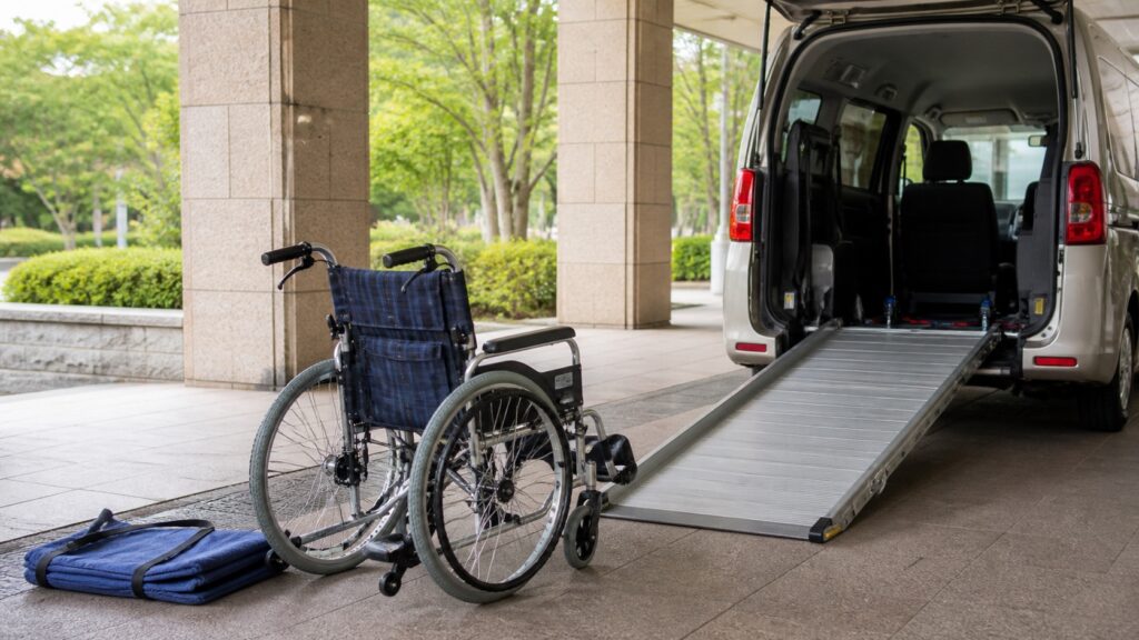 車いすとスロープ付き搬送車を整えた退院時移動のテーマ画像