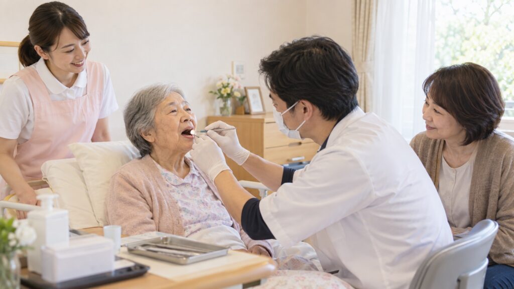 介護施設で高齢者の訪問歯科検診を家族と確認するテーマ画像