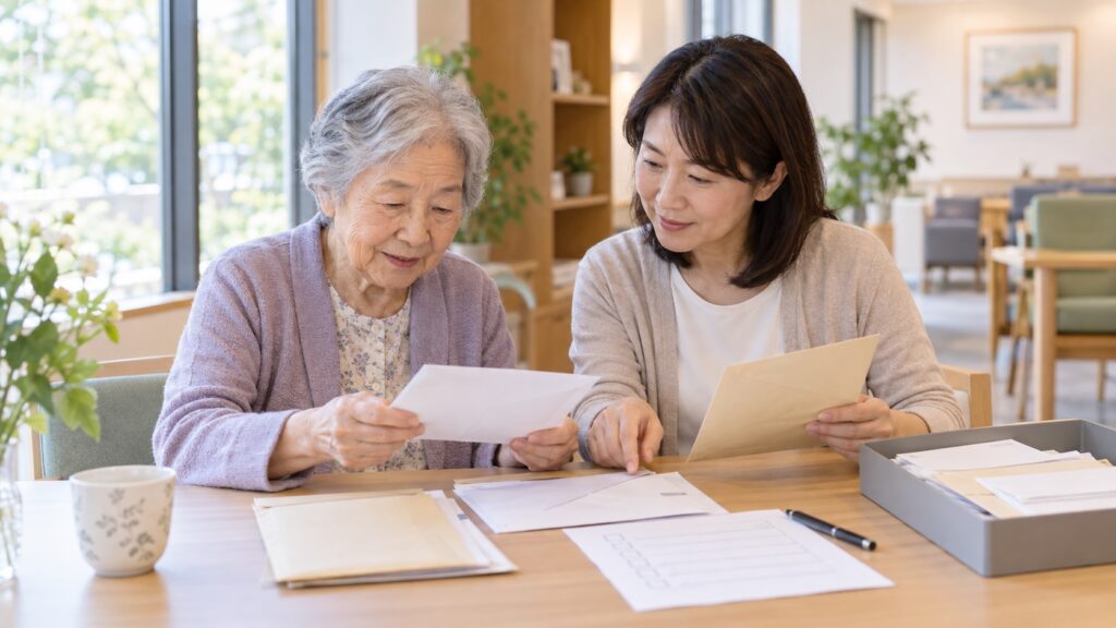 介護施設入居後の郵便物と行政通知を親子で仕分ける家族支援のテーマ画像