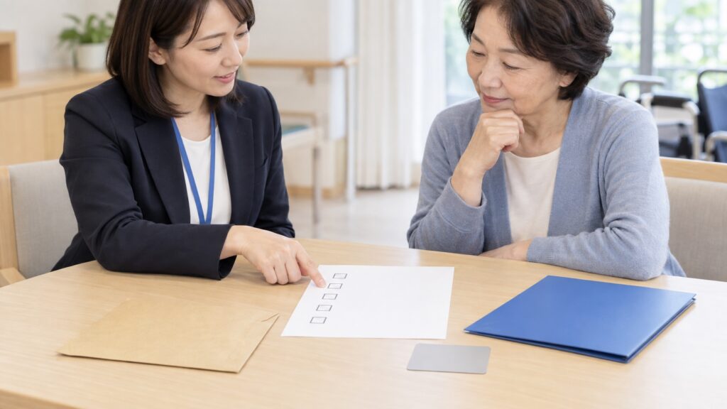 介護施設にいる親の公的カード受取書類を家族が整理するテーマ画像