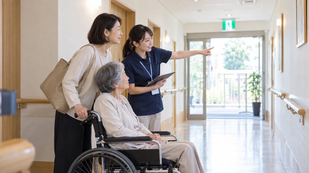 介護施設見学で職員から車いす避難経路の説明を受けるテーマ画像
