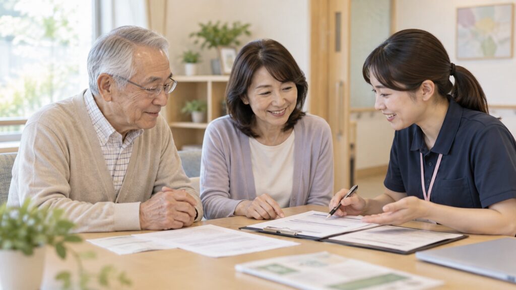 高齢者と家族が介護施設職員と入居前の健康情報を確認するテーマ画像