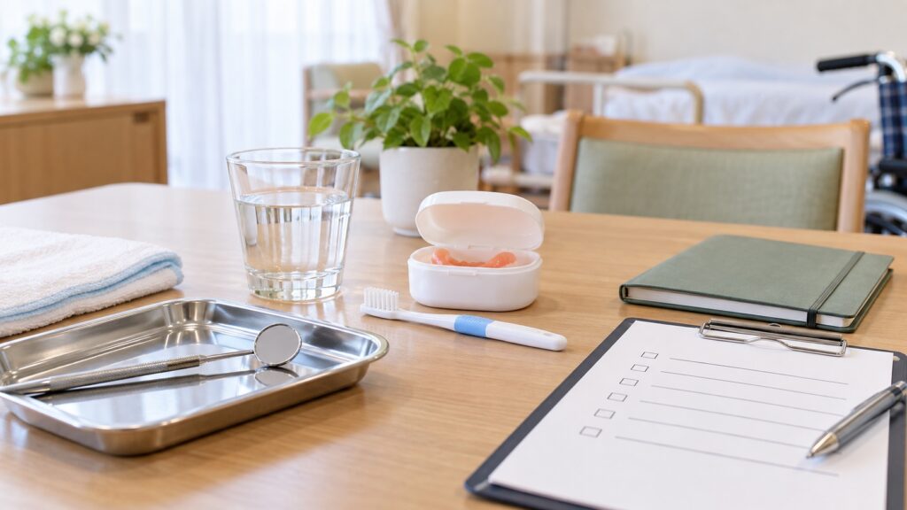 介護施設で口腔評価と訪問歯科の説明を受けるテーマ画像