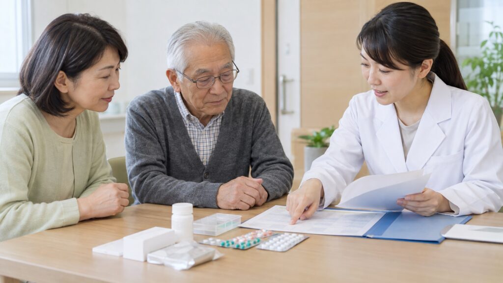 退院前に薬剤師と家族が薬の一覧と介護施設への引継ぎ書類を確認するテーマ画像