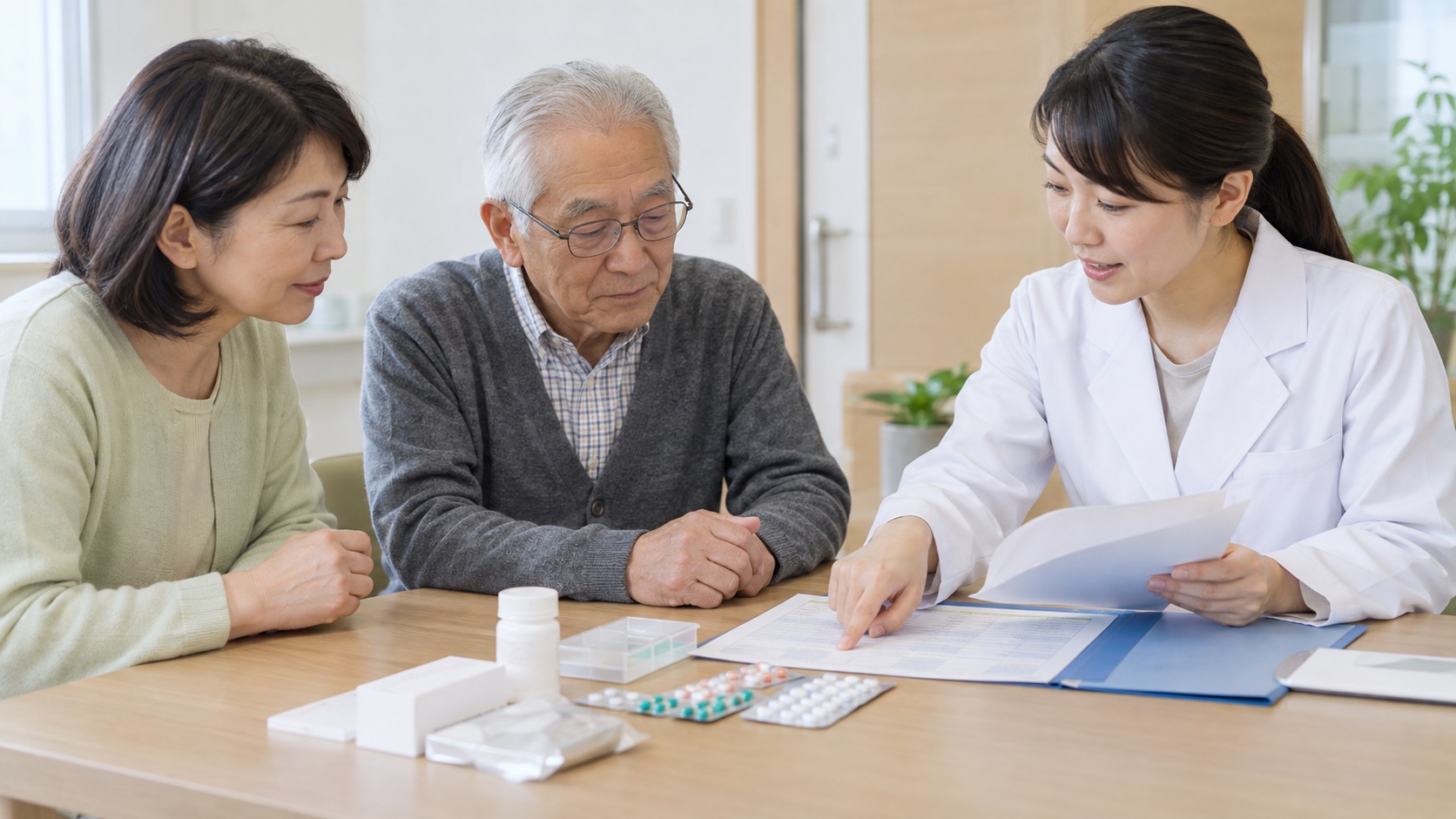 退院前に薬剤師と家族が薬の一覧と介護施設への引継ぎ書類を確認するテーマ画像