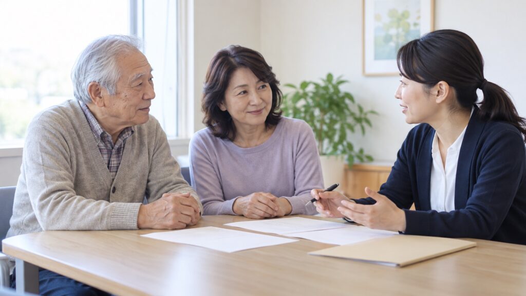 退院前に家族と相談員が介護支援の順番を話し合うテーマ画像