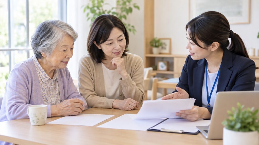 高齢者と家族が相談員と介護費用の無地資料を確認するテーマ画像