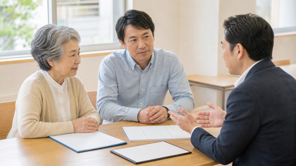 高齢者と家族が行政窓口で住まいの選択肢を相談するテーマ画像