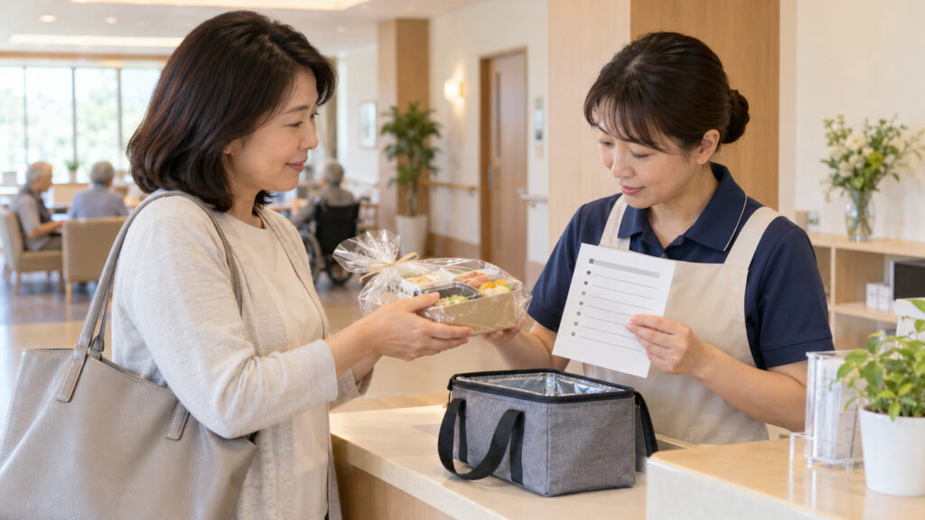 介護施設の面会前に家族が食品表示と保冷方法を確認するテーマ画像