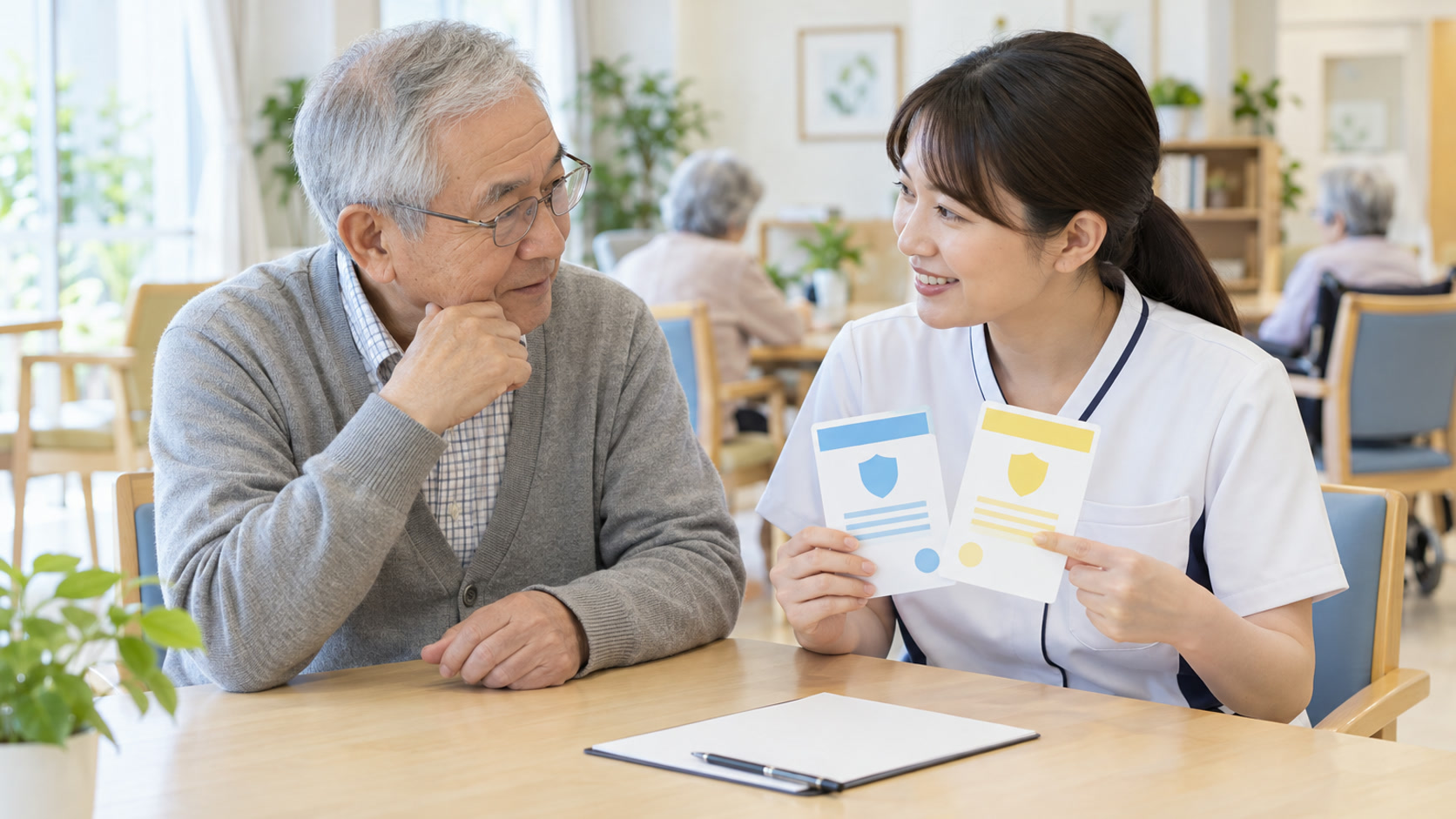 介護施設で高齢者が看護職員と二種類の予防接種を相談する様子を表したテーマ画像