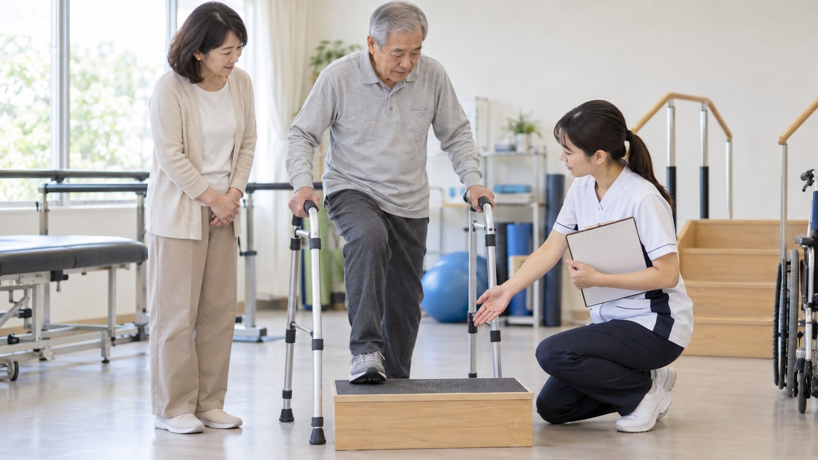 高齢者と家族が理学療法士と退院後の段差練習を確認するテーマ画像